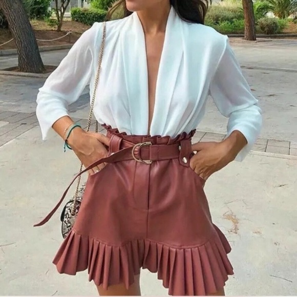 ZARA pleated faux leather mini skirt with belt Pink Size XS - Picture 15 of 16